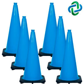 Global Industrial 97524-6 Mr. Chain Traffic Cones, 28"H, 14" x 14" Base, 7 lbs, PVC, Sky Blue, 6/Pack image.