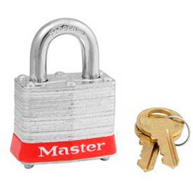 Master Lock Company 3RED Master Lock® Steel Padlock, No. 3 Reinforced Laminate, 1-9/16"W X 3/4" Shackle, Red image.
