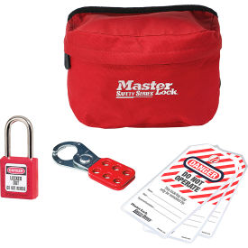 Master Lock Company S1010P410 Master Lock® Lockout Pouch, 1 Zenex Padlock, 1 Steel Hasp, 3 Safety Tags, Red image.