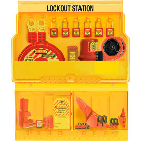 Master Lock Company S1900VE410PRE Master Lock® Deluxe Lockout Station, Premier Valve, Electrical Assortment, 6 Padlocks, Yellow image.