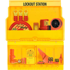 Master Lock Company S1900VEPRE Master Lock® Deluxe Lockout Station, Premier Valve and Electrical Device Assortment, Yellow image.