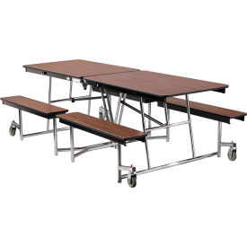 National Public Seating MTFB8-MDPECRWTWT NPS® Mobile Cafeteria Table With Fixed Benches, 97"L x 56"W, Walnut Top/Chrome Frame image.