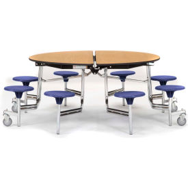 National Public Seating MTR60S-MDPECROK04 NPS® 60" Round Mobile Cafeteria Table With Stools, Oak Top/Blue Stools/Chrome Frame image.