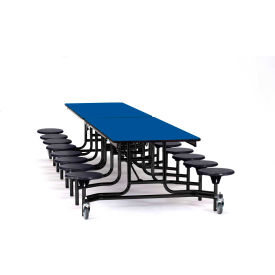 National Public Seating MTS1216-MDPEPCBL10 NPS® Mobile Cafeteria Table w/16 Black Stools, 145"L x 59"W, Blue Top, Black Frame image.