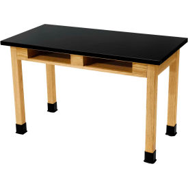 NPS Science Lab Table w/ Compartment - Phenolic Top - 72"L x 30"W x 36"H - Black w/ Oak Leg 