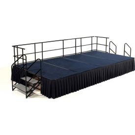 National Public Seating SG482404C-04-SB10 NPS® 8 x 16 Stage Package, 24" Height, Blue Carpet, Box Pleat Black Skirting image.