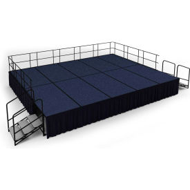 National Public Seating SG483210C-04-SS10 NPS® 16 x20 Stage Package, 32" Height, Blue Carpet, Black Shirred Pleat Skirting image.