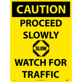 National Marker Company C748E NMC C748E Snow Safety Sign, CAUTION Proceed Slowly Watch For Traffic, 24" x 18", Yellow/Black image.
