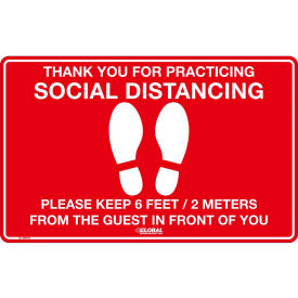 Global Industrial B2354876 Global Industrial™ Red Social Distancing Floor Sign, 16" W x 10" H, Vinyl Adhesive image.