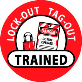 National Marker Company HH47 NMC HH47 Hard Hat Emblem, Lock-Out Tag-Out Trained, 2" Dia., White/Red/Black image.