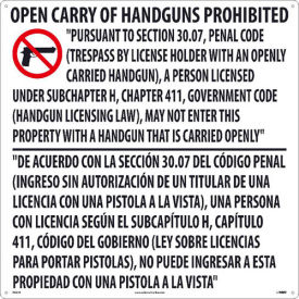 National Marker Company M461R NCM M461R Texas Open Carry Handgun Law Prohibited Sign, Rigid Plastic, 24" x 24" image.