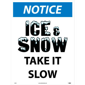 National Marker Company N499E NMC N499E Snow Safety Sign, NOTICE Ice And Snow Take It Slow, 24" x 18", White/Blue, Black image.