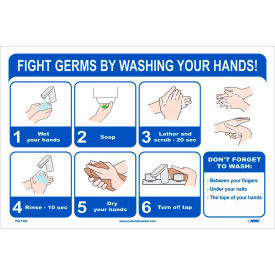 National Marker Company PST138C Fight Germs By Washing Your Hands Poster, 12" X 18", Vinyl image.