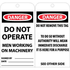 National Marker Company RPT4 NMC RPT4 Tags, Danger Do Not Operate Men Working On Machinery, 6" X 3", White/Red/Black, 25/Pk image.