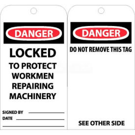 National Marker Company RPT79 NMC RPT79 Tags, Danger Locked To Protect Workmen Repairing Machinery, 6" X 3", Wht/Rd/Blk, 25/Pk image.