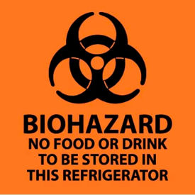 National Marker Company S71P Warning Sign, Biohazard No Food Or Drink To Be Stored In This Refrigerator, 7" X 7", Orange/Black image.