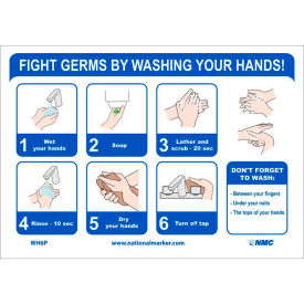 National Marker Company WH6P NMC "Fight Germs By Washing Your Hands" Vinyl Adhesive Sticker, 7" x 14" image.