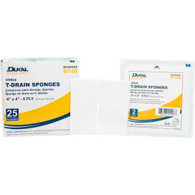 Dukal 8746 Dukal T-Drain Sponge, 4" x 4", Sterile, 2/PK, 25 PK/Box, 12 Box/Case image.