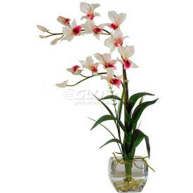 Nearly Natural 1135-WH Nearly Natural Dendrobium with Glass Vase Silk Flower Arrangement, White image.