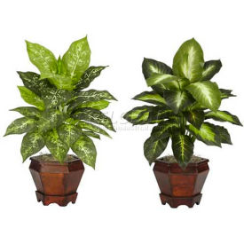 Nearly Natural Dieffenbachia with Wood Vase Silk Plant (Set of 2) Assorted