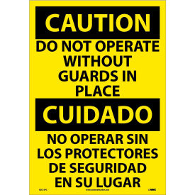 National Marker Company ESC15PC NMC™ Bilingual Vinyl Sign, Caution Do Not Operate Without Guards In Place, 14"W x 20"H image.