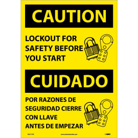 National Marker Company ESC177PC NMC™ Bilingual Vinyl Sign, Caution Lockout For Safety Before You Start, 14"W x 20"H image.