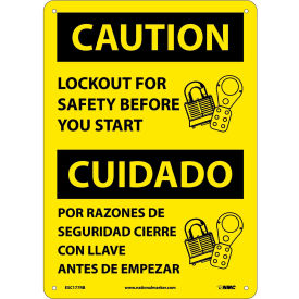 National Marker Company ESC177RB NMC™ Bilingual Plastic Sign, Caution Lockout For Safety Before You Start, 10"W x 14"H image.