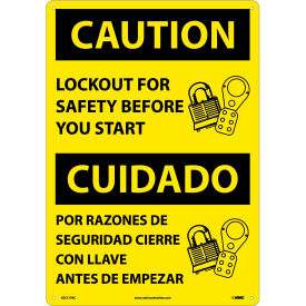 National Marker Company ESC177RC NMC™ Bilingual Plastic Sign, Caution Lockout For Safety Before You Start, 14"W x 20"H image.