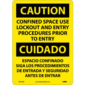National Marker Company ESC444AB Bilingual Aluminum Sign - Caution Confined Space Use Lockout Entry Procedures image.