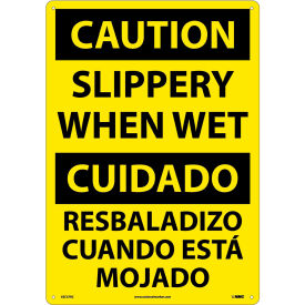 National Marker Company ESC57RC NMC™ Bilingual Plastic Sign, Caution Slippery When Wet, 14"W x 20"H image.