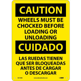 National Marker Company ESC70RB NMC™ Bilingual Plastic Sign, Wheels Must Be Chocked Before Loading Unloading, 10"W x 14"H image.
