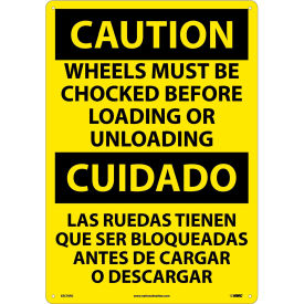 National Marker Company ESC70RC NMC™ Bilingual Plastic Sign, Wheels Must Be Chocked Before Loading Unloading, 14"W x 20"H image.