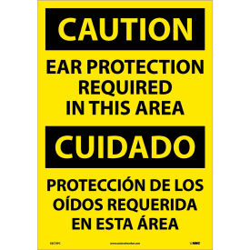 National Marker Company ESC73PC NMC™ Bilingual Vinyl Sign, Caution Ear Protection Required In This Area, 14"W x 20"H image.