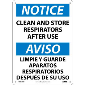 National Marker Company ESN123RB NMC™ Bilingual Plastic Sign, Notice Clean And Store Respirators After Use, 10"W x 14"H image.