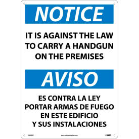 National Marker Company ESN35RC NMC™ Bilingual Vinyl Sign, It Is Against The Law To Carry Handgun On Premises, 1-1/4 mil Thick image.