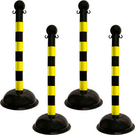 Global Industrial 99929 -4 Mr. Chain Heavy Duty Plastic Stanchion Post, 41"H, Black/Yellow Stripe, 4 Pack image.