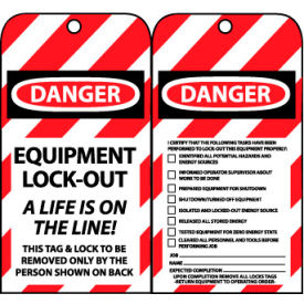 National Marker Company LOTAG27 NMC™ Equipment Lockout Tags, A Life Is On The Line, Certifying Tasks Have Been Preformed image.