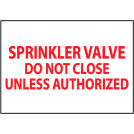 National Marker Company M123PB Fire Safety Sign - Sprinkler Valve Do Not Close Unless Authorized - Vinyl image.