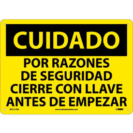 National Marker Company SPC177AB Spanish Aluminum Sign - Cuidado Por Razones De Seguridad Cierre Con Llave image.