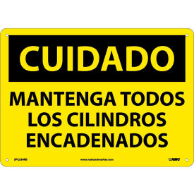 National Marker Company SPC530RB Spanish Plastic Sign - Cuidado Mantenga Todos Los Cilindros Encadenados image.