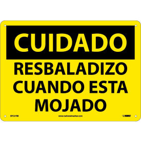 National Marker Company SPC57RB Spanish Plastic Sign - Cuidado Resbaladizo Cuando Esta Mojado image.