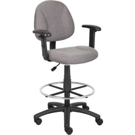 Boss Office Products B1616-GY Boss Drafting Stool with Footring and Adjustable Arms -Fabric - Gray image.