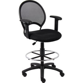 Boss Office Products B16216 Boss Mesh Drafting Stool with Adjustable Armrest - Fabric - Black image.