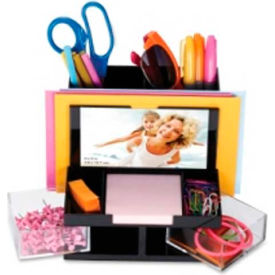 Officemate International 23112 Officemate Desk Organizer with 9 Compartments & 3" x 5" Photo Frame Clear image.