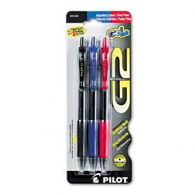 Pilot Pen 31023 Pilot® G2 Gel Rollerball Pen, Retractable, Black, Blue, Red Ink, Fine, 3/Pack image.