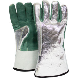 NATIONAL SAFETY APPAREL, INC DJXGSP382 National Safety Apparel® Aluminized Leather Glove, OPF Back, Aluminized/Green, Regular image.