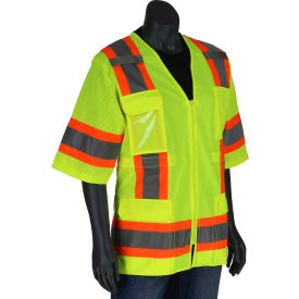 Pip Industries 303-0513-LY/2X Pip® Contoured Surveyors Vest w/ Solid Front & Mesh Back, Class 3, 2XL, Hi-Vis Yellow image.