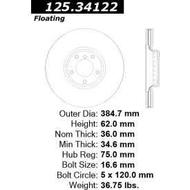 Centric Premium High Carbon Alloy Brake Rotor, Centric Parts 125.34122 Centric Premium High Carbon Alloy Brake Rotor, Centric Parts 125.34122