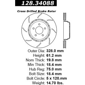 Centric Premium OE Style Drilled Brake Rotor, Centric Parts 128.34088 Centric Premium OE Style Drilled Brake Rotor, Centric Parts 128.34088