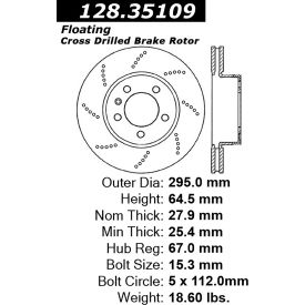 Centric Premium OE Style Drilled Brake Rotor, Centric Parts 128.35109
